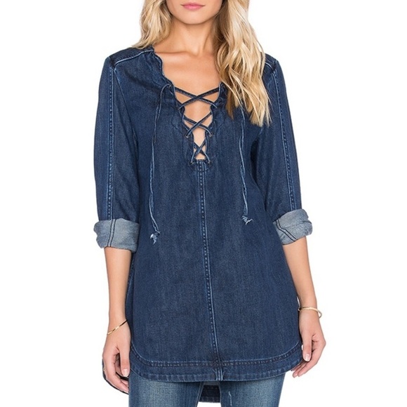 FREE PEOPLE Neapolitan Dreams Denim Mini Dress Tunic size Medium - Picture 2 of 11